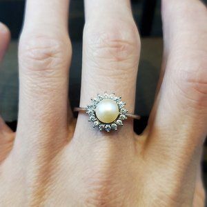 Size 9 925 Sterling Silver Pearl And Halo Cubic Zirconia Ring